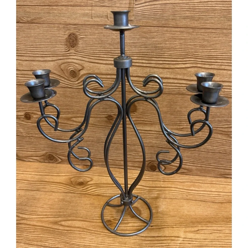 Vtg Grey Metal Candelabra 5 Arm Goth Gothic Scrolls Candlestick Holder